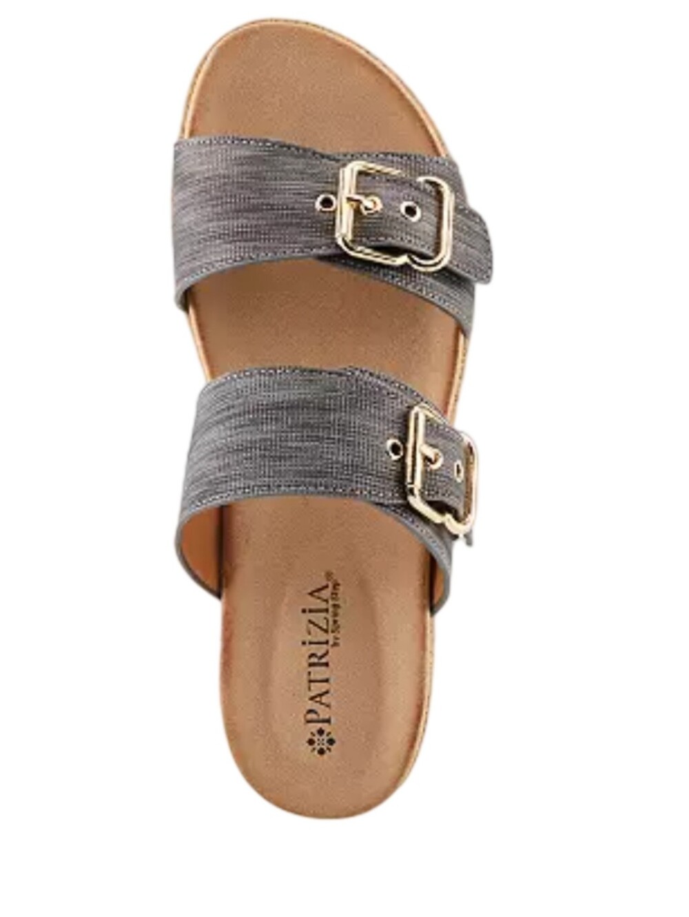 Patrizia Women's Double-Buckle Slide Sandal in Gray with Gold Buckles Size 9